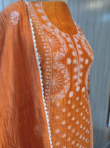 Handmade Sabah Pure Tissue Chanderi Chikankari Kurta and Pearl Work Dupatta Set by LVW Fashions, semi-stitched, with intricate Lucknow Chikankari.