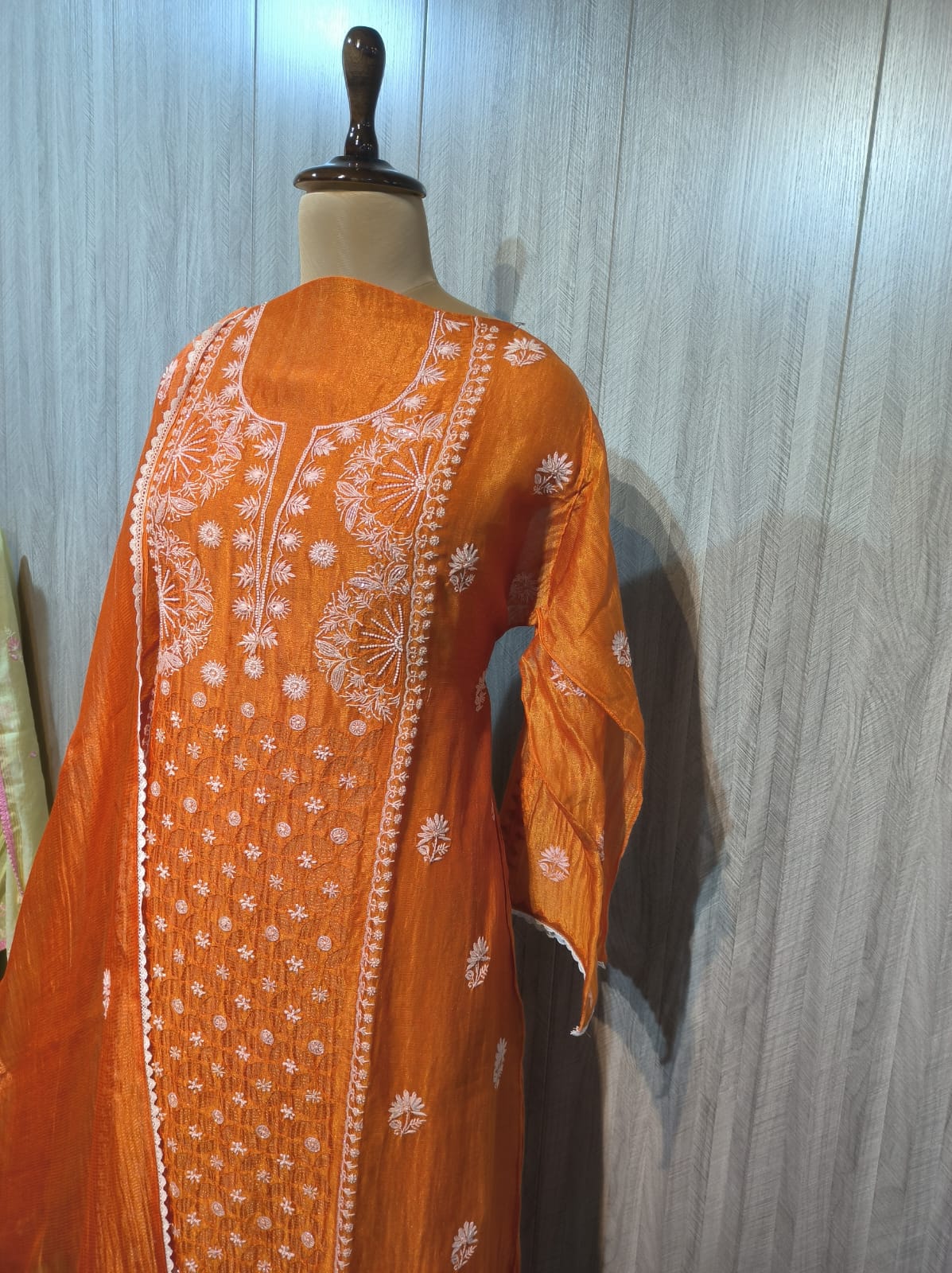 Sabah Pure Tissue Chanderi Chikankari Pearl Work Kurta Dupatta Set by LVW Fashions, semi-stitched, handmade Lucknow Chikankari ensemble.
