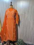 Handmade Sabah Pure Tissue Chanderi Chikankari Kurta and Dupatta set with pearl work by LVW Fashions, semi-stitched for elegant traditional wear.