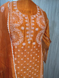 Handmade Chikankari Kurta and Dupatta set in pure tissue Chanderi fabric with pearl work, semi-stitched by LVW Fashions.