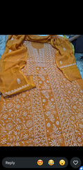Handcrafted Turmeric Chanderi Kurta and Dupatta set with intricate Lucknow Chikankari embroidery by LVW Fashions.