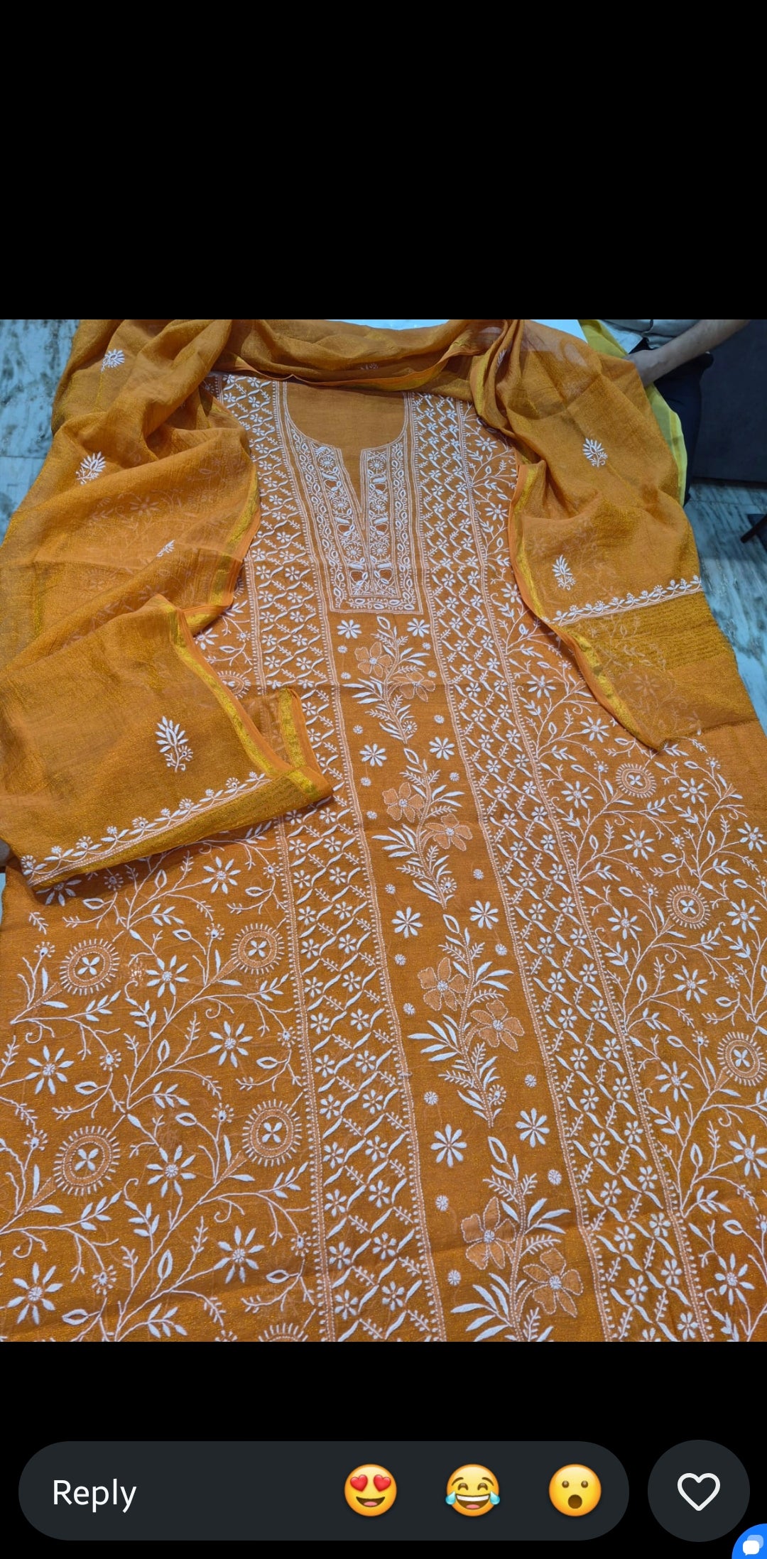 Handcrafted Turmeric Chanderi Kurta and Dupatta set with intricate Lucknow Chikankari embroidery by LVW Fashions.