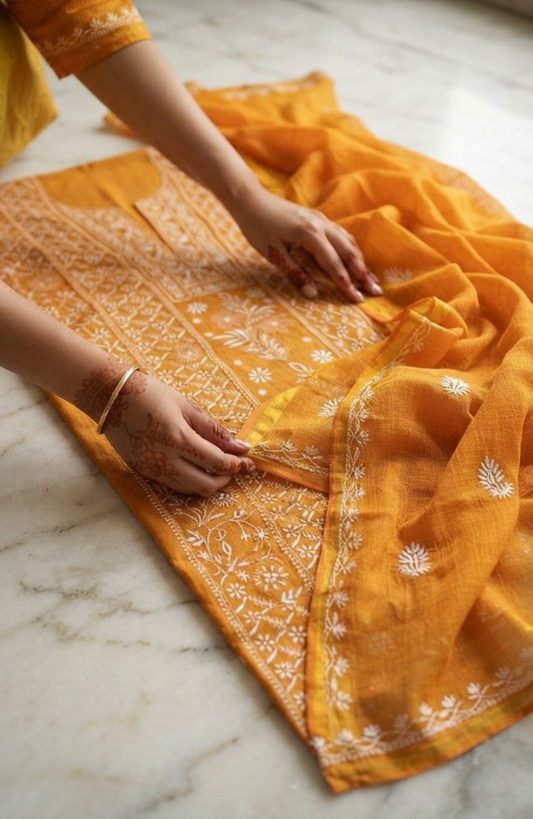 Turmeric Premium Chanderi Pure Handcrafted Luxurious Look Chikankari Kurta Dupatta Set ( Unstitched )