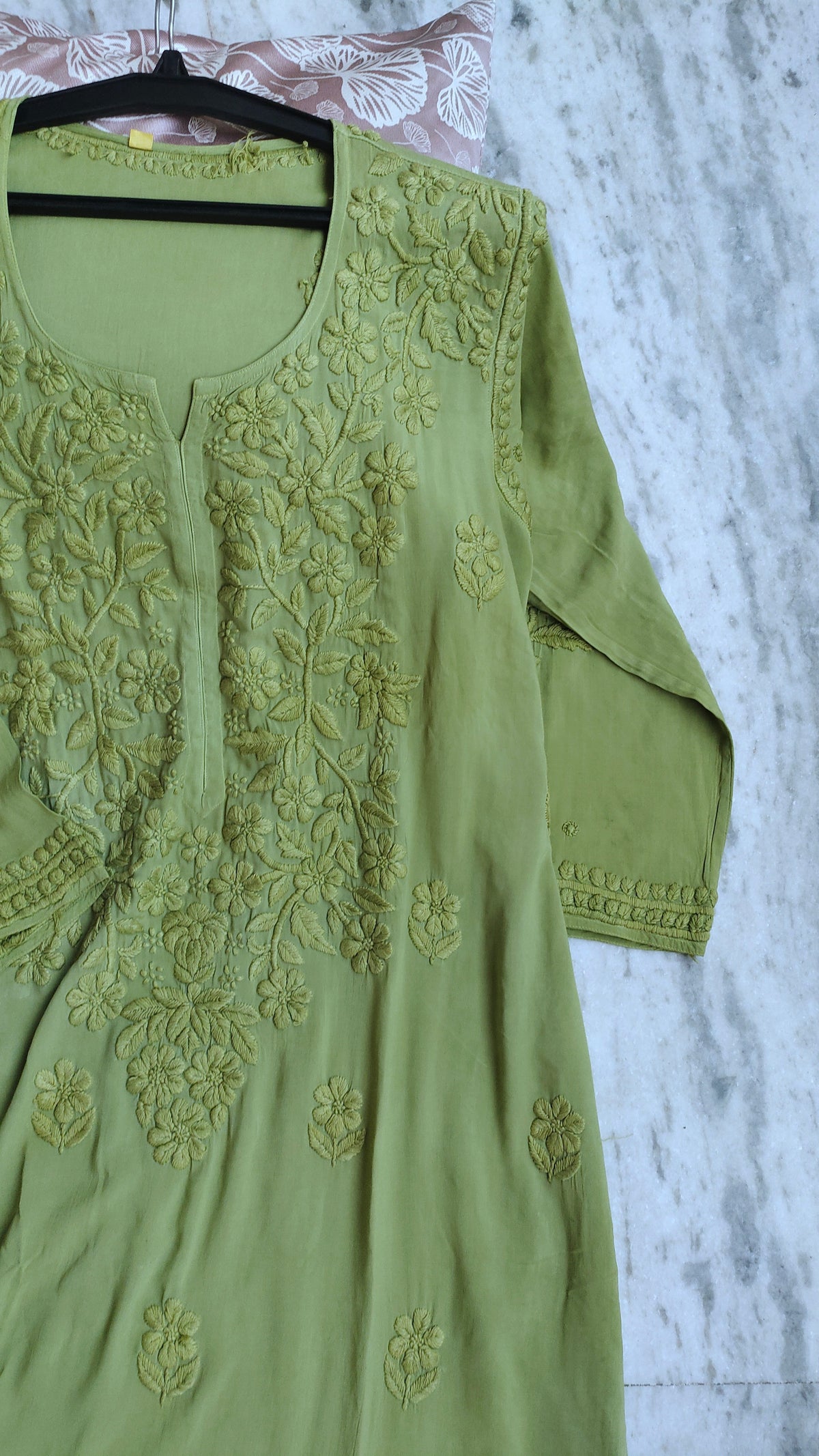 Handmade LVW Fashions Chikankari Kurta with intricate Lucknow embroidery, featuring traditional craftsmanship and delicate white thread work.
