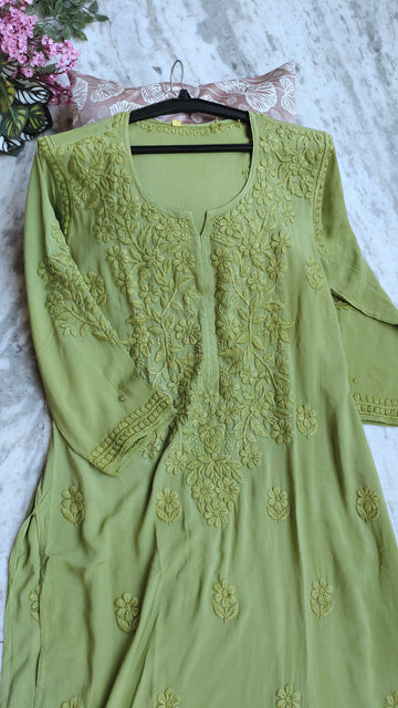 Handmade LVW Fashions Chikankari Kurta with intricate Lucknow embroidery, showcasing delicate white floral motifs and traditional craftsmanship.