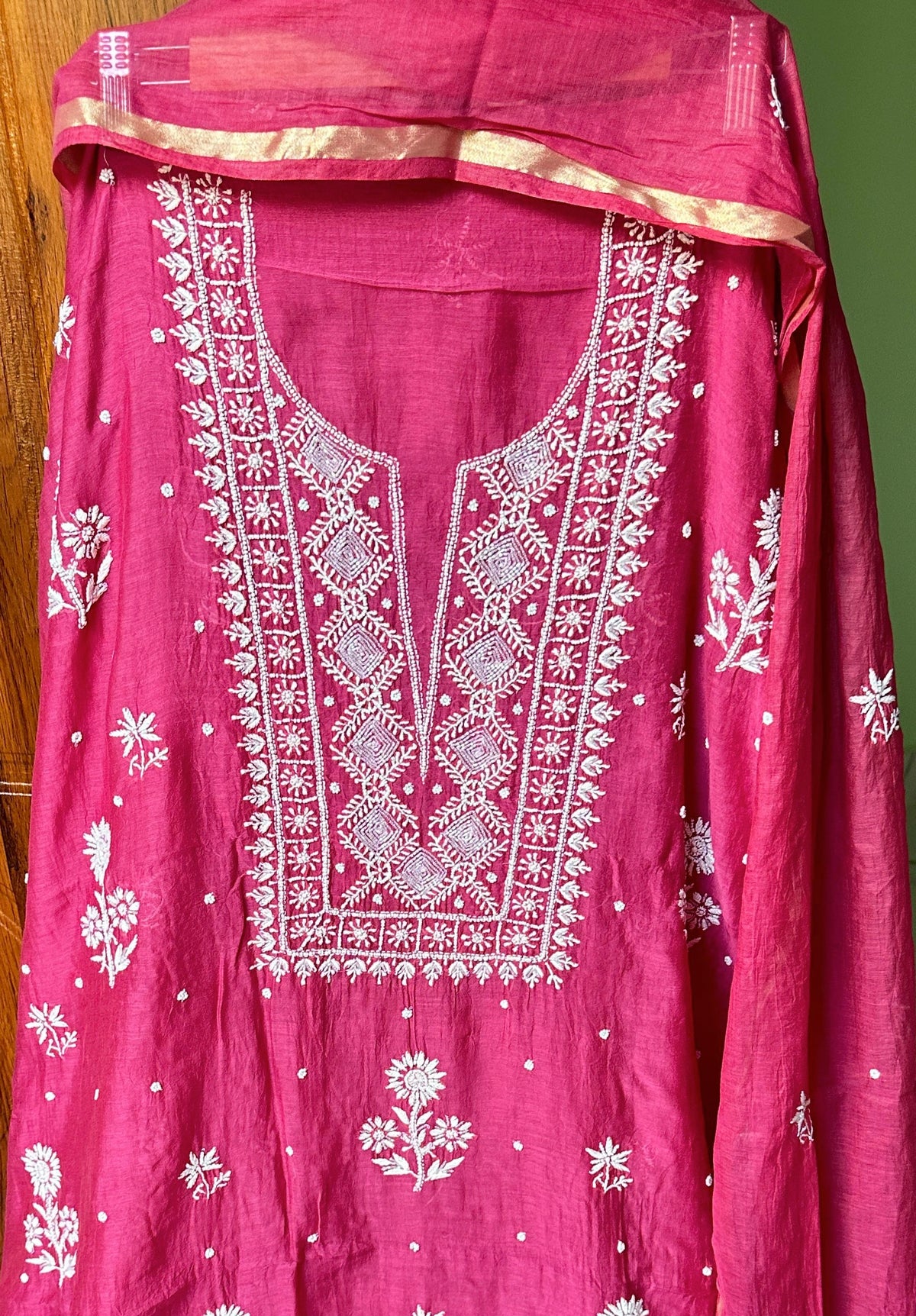 Handmade Chikankari Kurta in hot pink, peach, and yellow premium Mul Chanderi fabric by LVW Fashions, traditional Lucknow style.