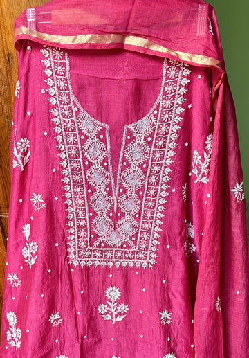 Handmade Chikankari Kurta in hot pink, peach, and yellow premium Mul Chanderi fabric by LVW Fashions, traditional Lucknow style.