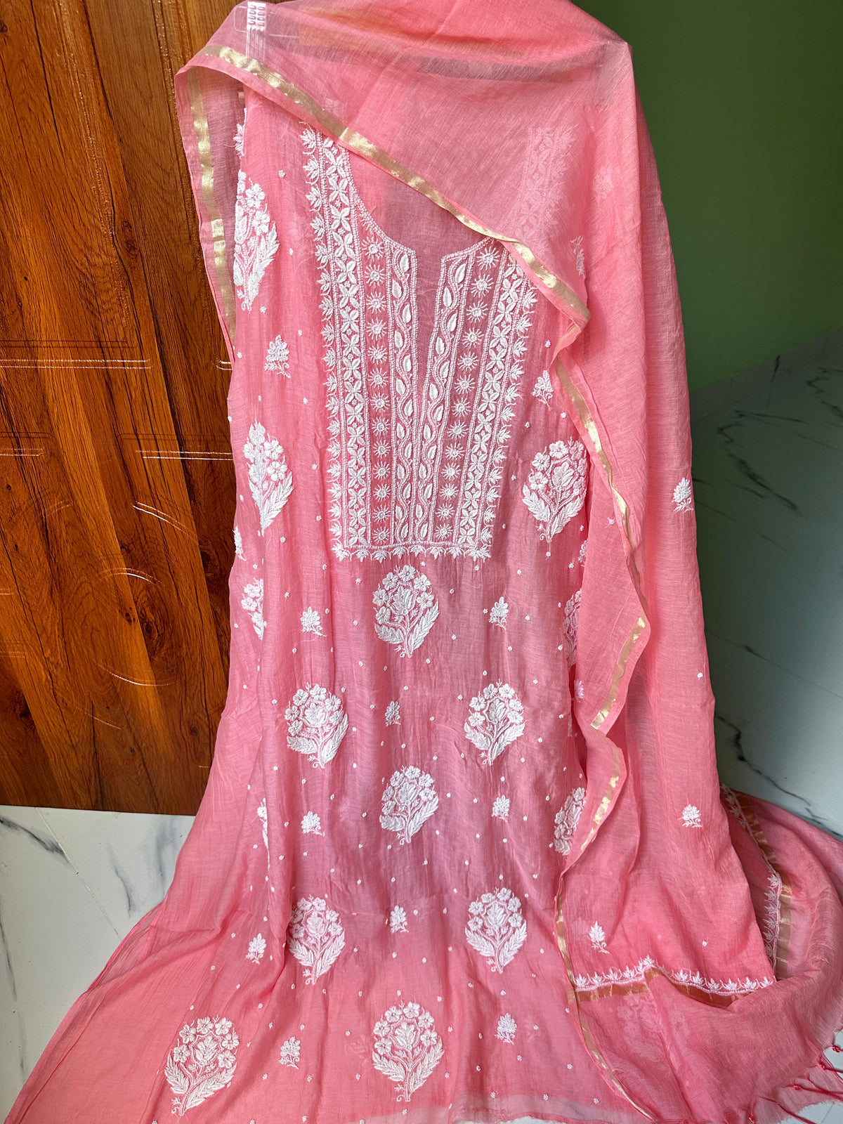 Handmade Chikankari Kurta in hot pink, peach, and yellow premium Mul Chanderi fabric by LVW Fashions, showcasing intricate embroidery.