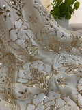 Handmade ivory Georgette Chikankari unstitched suit with Pitta Kamdani and pearl embroidery by LVW Fashions, Lucknow Chikankari.