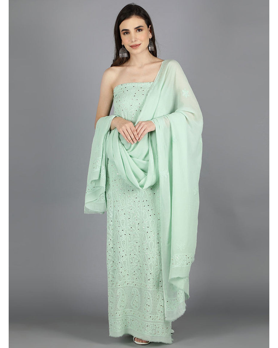 Handmade Zainab Premium Georgette Unstitched Kurta Dupatta Set with intricate Lucknow Chikankari embroidery by LVW Fashions.