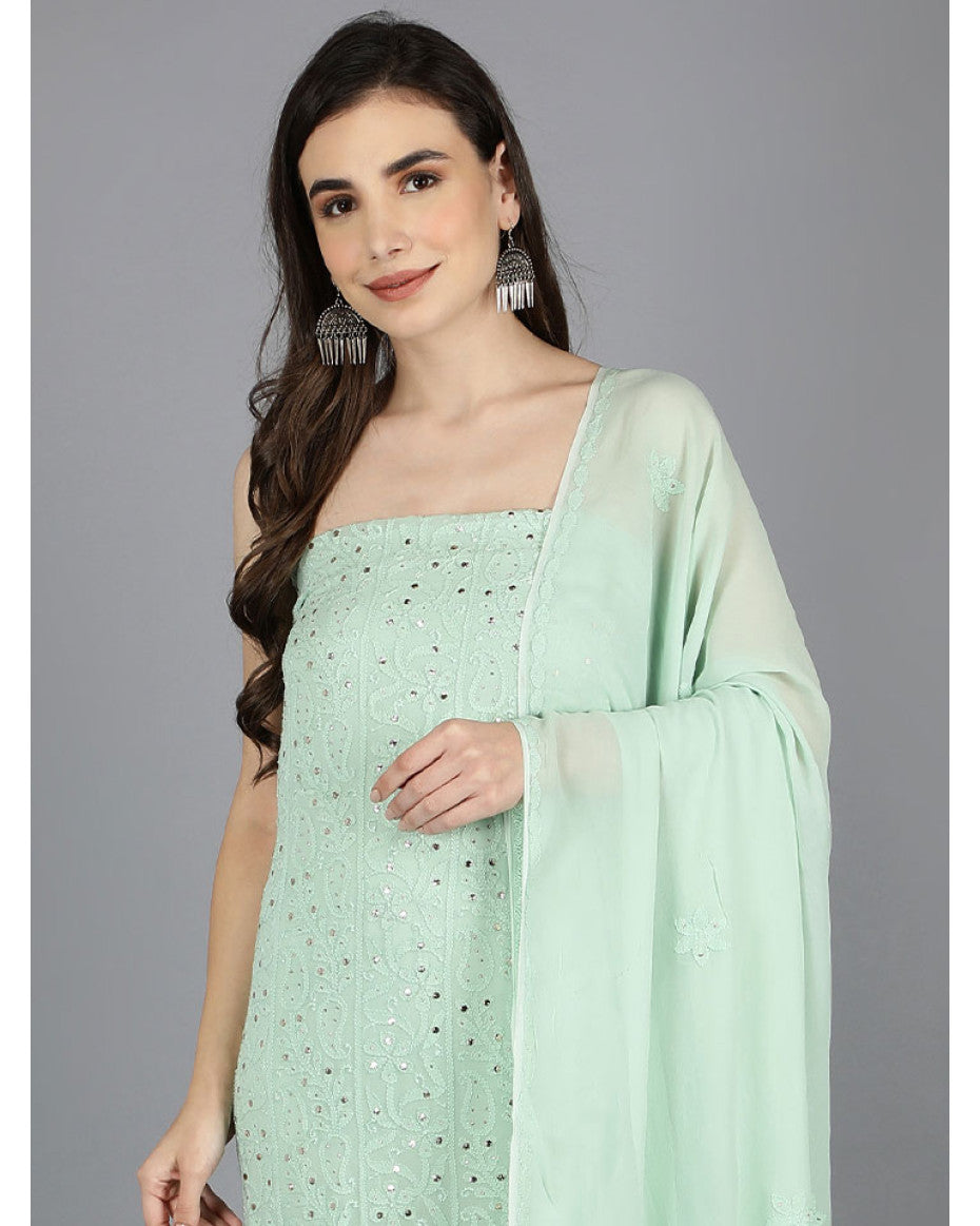 Zainab Premium Georgette Unstitched Kurta Dupatta Set with handmade Lucknow Chikankari by LVW Fashions.