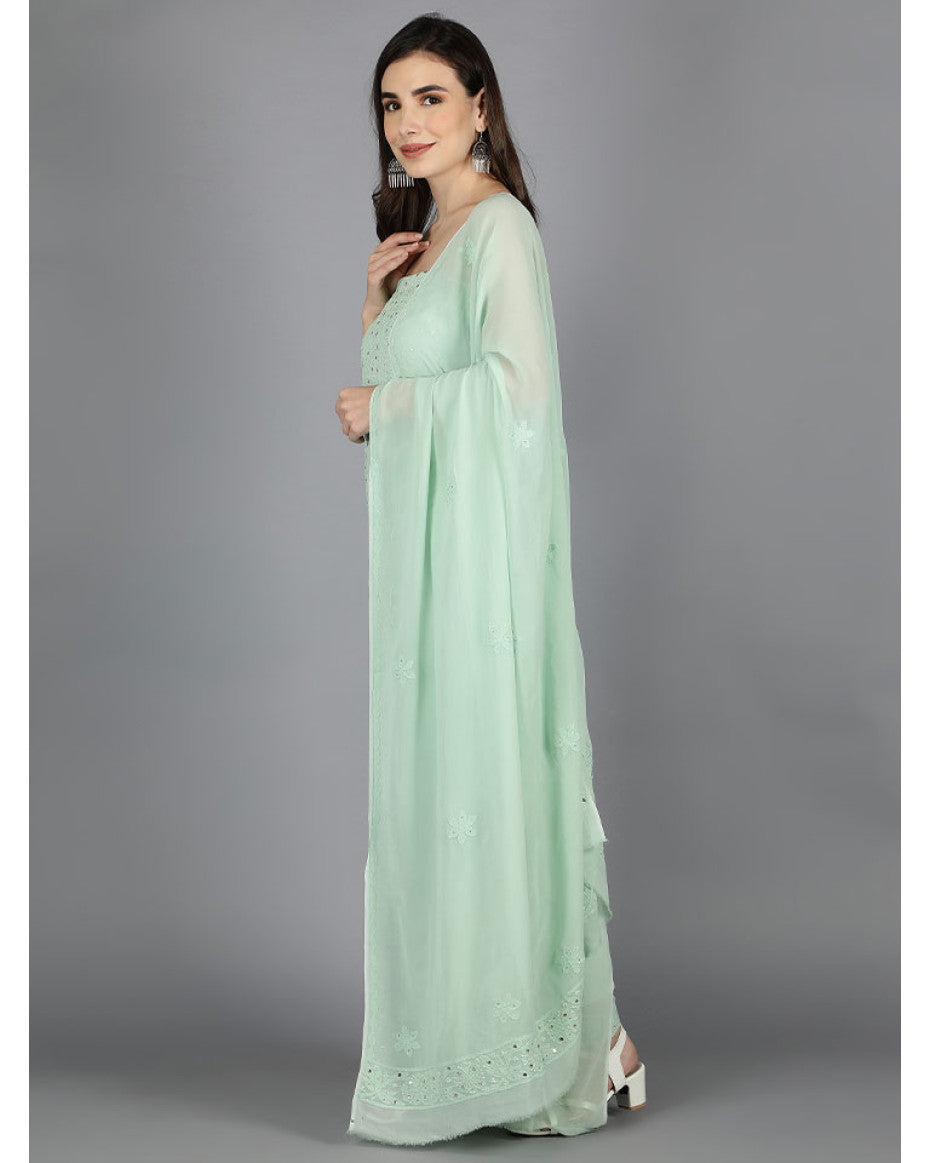 Zainab Premium Georgette Unstitched Kurta Dupatta Set by LVW Fashions with handmade Lucknow Chikankari embroidery.