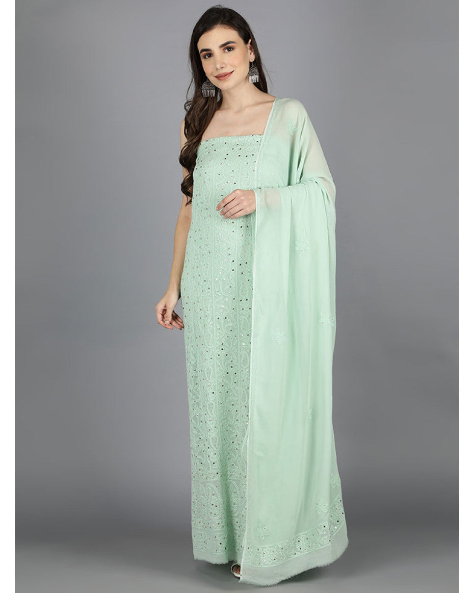Zainab premium georgette unstitched kurta dupatta set with handmade Lucknow chikankari from LVW Fashions, featuring intricate embroidery.