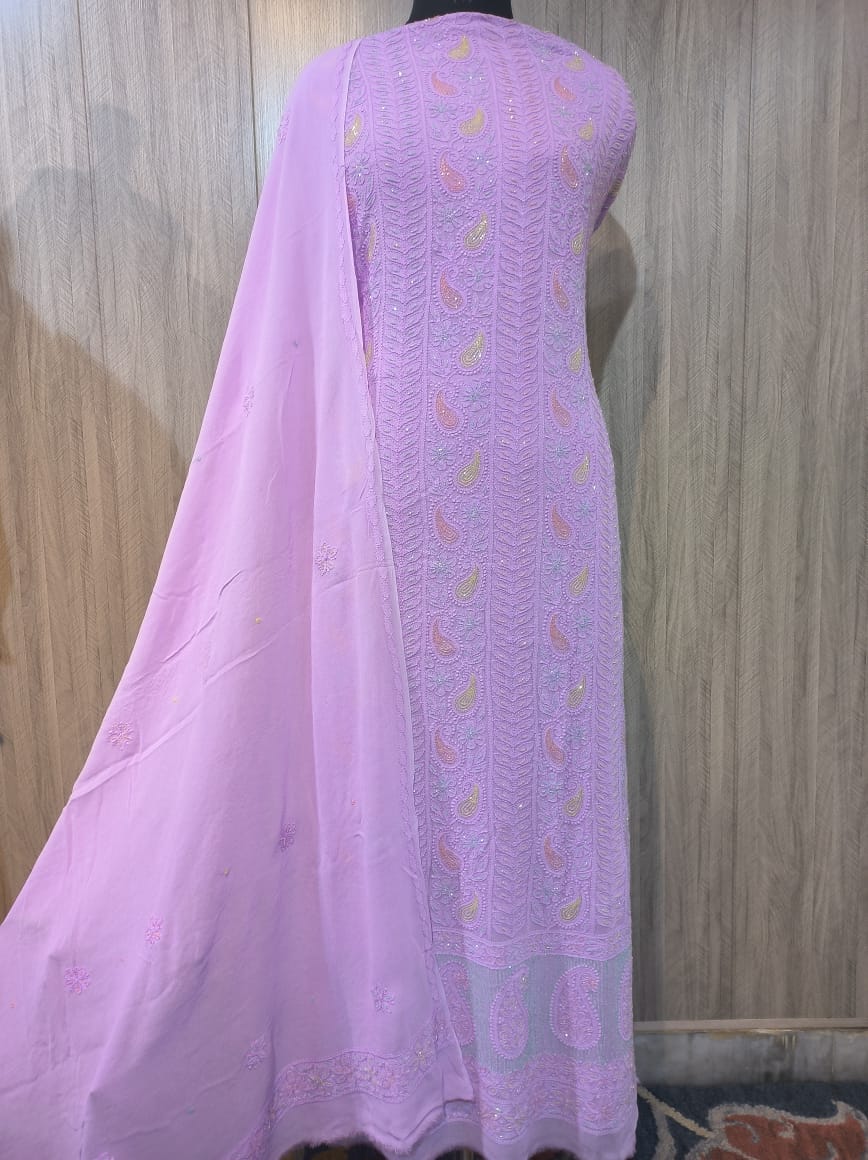 Lavender Noori Pearls Unstitched Georgette Chikankari Kurta by LVW Fashions with intricate hand-stitched Lucknow Chikankari and pearl accents