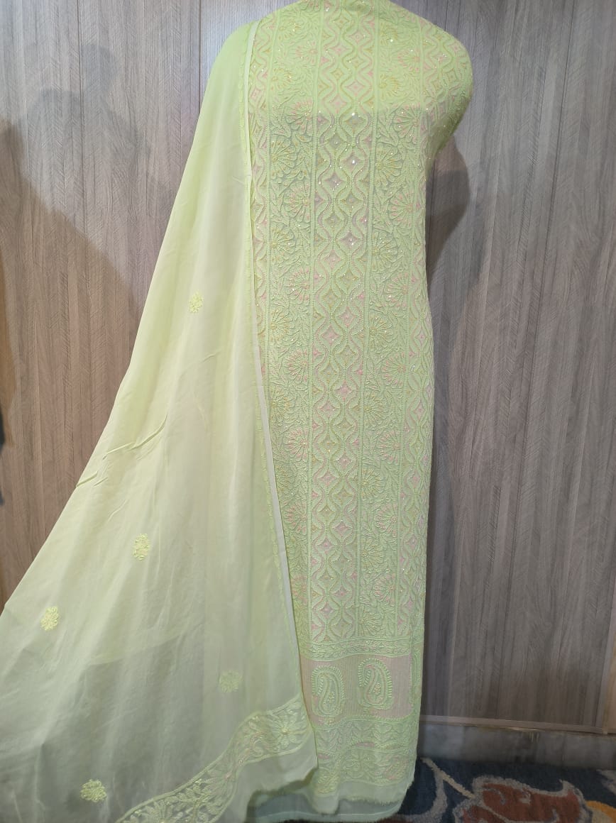 Lavender Noori Pearls Unstitched Georgette Chikankari Kurta with intricate hand-stitched Lucknow Chikankari and pearl embellishments.