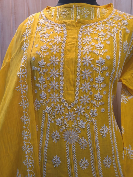 Mango yellow Chanderi Dupatta set with handcrafted Chikankari and Katdana embroidery, featuring an Anarkali style from LVW Fashions.