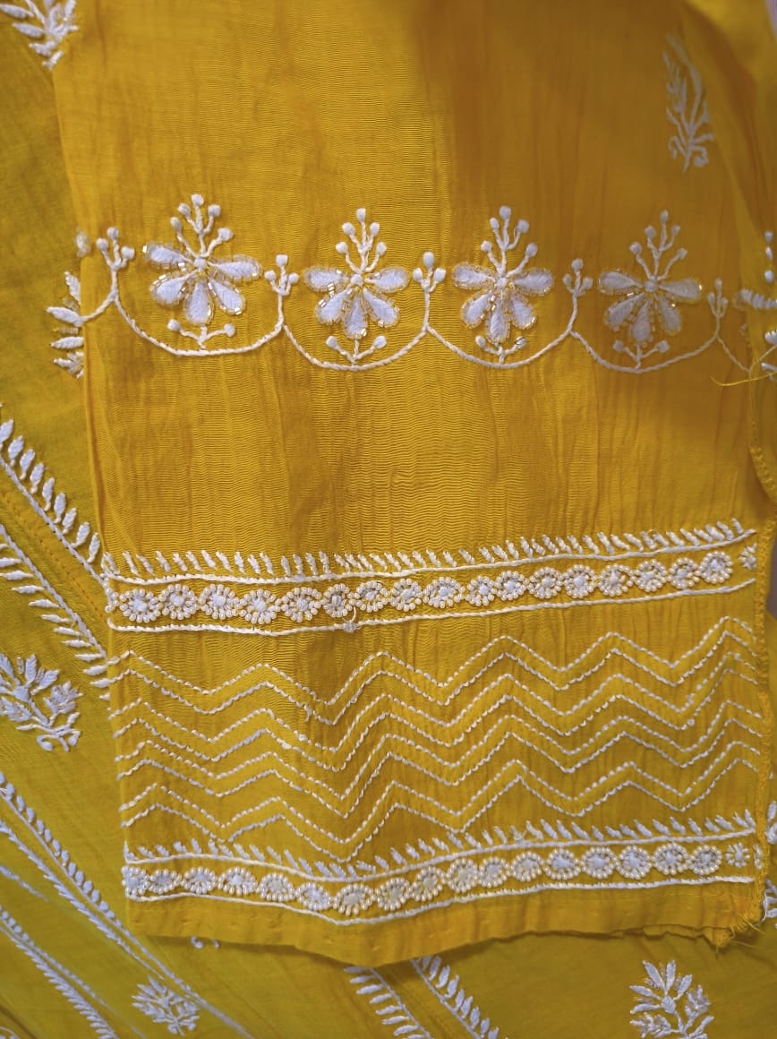 Mango yellow premium pure Chanderi Chikankari Katdana Anarkali Dupatta set by LVW Fashions with intricate handmade Lucknow Chikankari embroidery