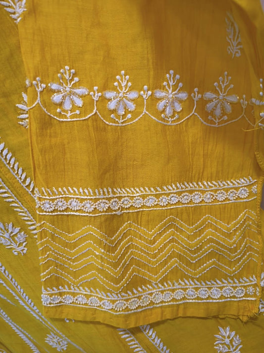 Mango yellow premium pure Chanderi Chikankari Katdana Anarkali Dupatta set by LVW Fashions with intricate handmade Lucknow Chikankari embroidery
