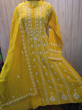Mango yellow Chanderi Anarkali Dupatta set with intricate Chikankari and Katdana embroidery by LVW Fashions, featuring handmade Lucknow craftsmanship.