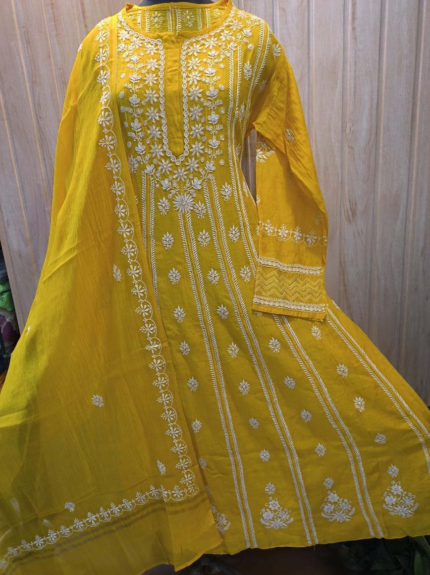 Mango yellow Chanderi Anarkali Dupatta set with intricate Chikankari and Katdana embroidery by LVW Fashions, featuring handmade Lucknow craftsmanship.