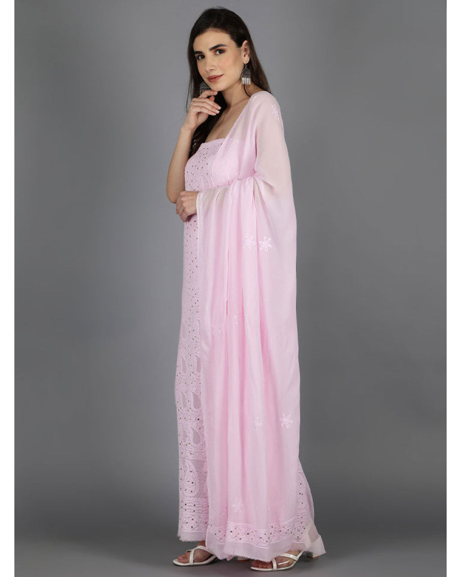 Blush pink premium georgette chikankari unstitched kurta and dupatta set by LVW Fashions, featuring intricate handmade Lucknow chikankari.