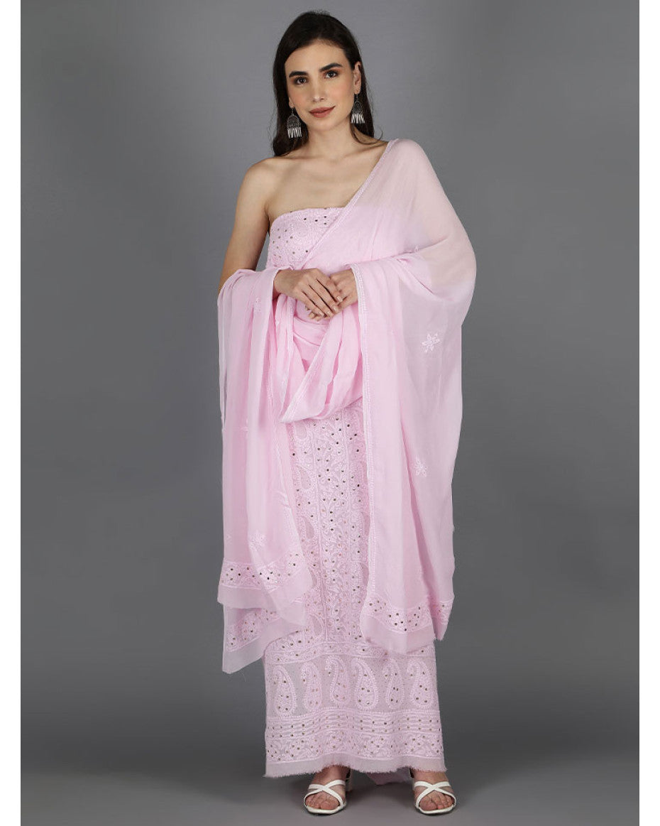 Blush pink LVW Fashions georgette chikankari kurta and dupatta set with intricate handmade Lucknow chikankari embroidery.