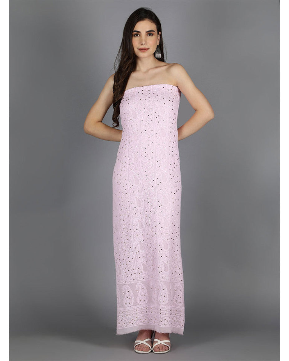 Blush pink premium georgette unstitched kurta and dupatta set with intricate handmade Lucknow chikankari embroidery by LVW Fashions.