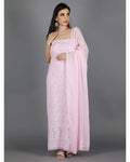 Blush pink premium georgette chikankari unstitched kurta and dupatta set by LVW Fashions with intricate handcrafted Lucknow chikankari.
