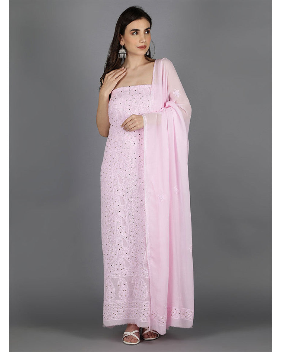 Blush pink premium georgette chikankari unstitched kurta and dupatta set by LVW Fashions with intricate handcrafted Lucknow chikankari.