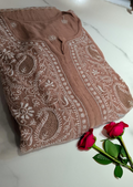 Luxurious brown Chanderi kurta and dupatta set by LVW Fashions with handmade Lucknow Chikankari, semi-stitched for a graceful look.