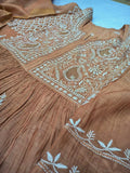 Brown Chanderi Kurta and Dupatta set by LVW Fashions featuring handmade Lucknow Chikankari, semi-stitched for a luxurious look.