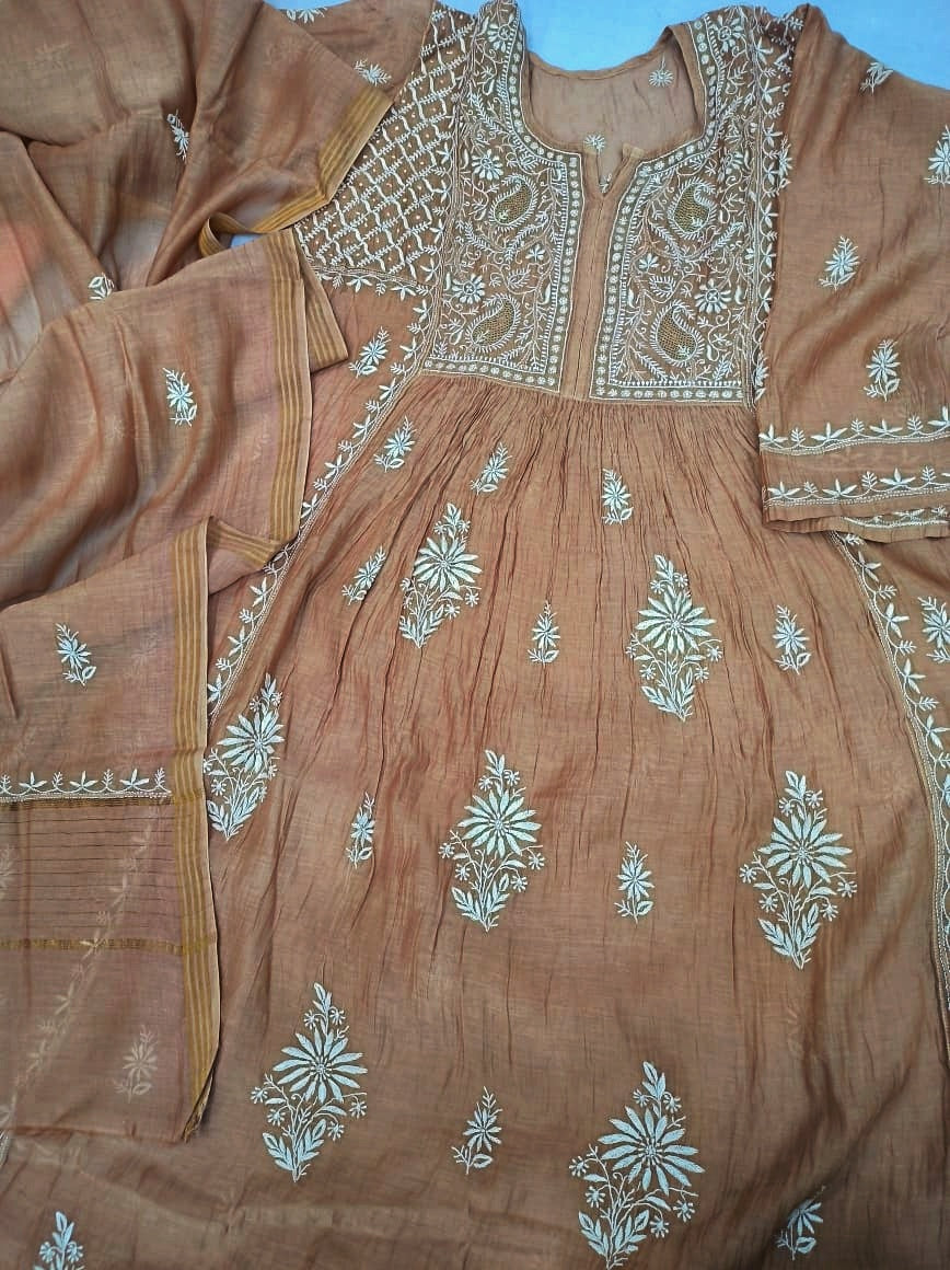 Brown Chanderi Kurta Dupatta Set with handmade Lucknow Chikankari by LVW Fashions, semi-stitched and luxurious in appearance.
