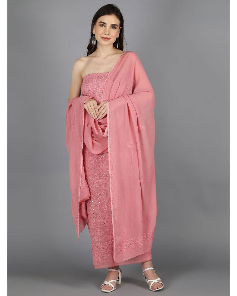 Zainab Premium Georgette Unstitched Kurta Dupatta Set by LVW Fashions featuring handmade Lucknow Chikankari kurta and matching dupatta