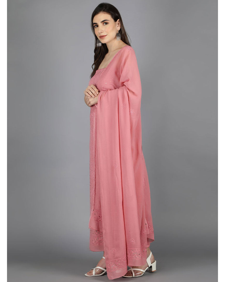 Zainab Premium Georgette Unstitched Kurta Dupatta Set by LVW Fashions with handmade Lucknow Chikankari embroidery, featuring a kurta and dupatta.