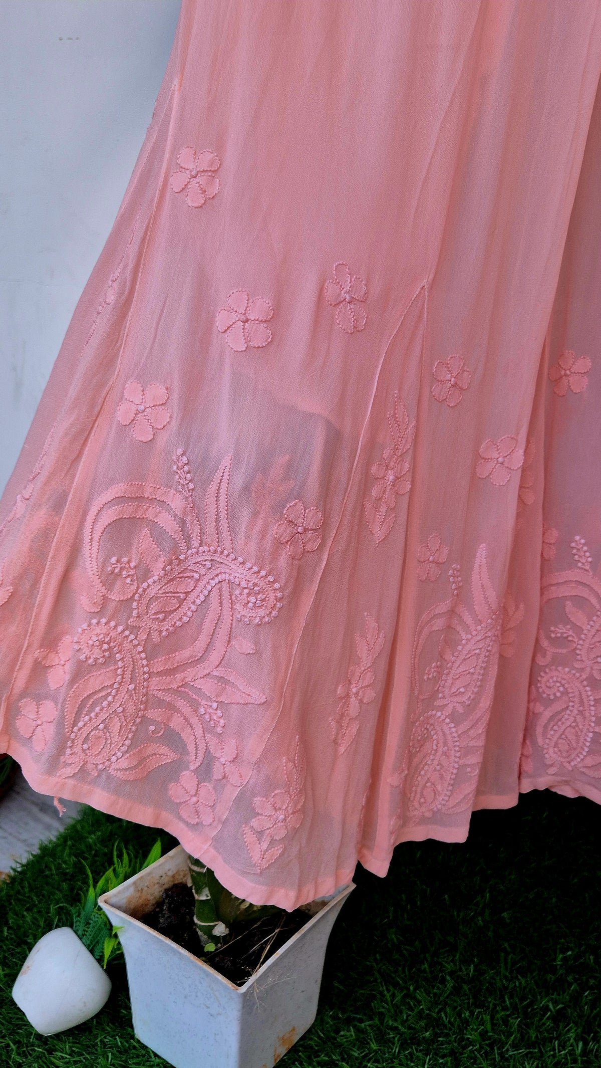 Peach Love premium georgette Chikankari Sharara set with intricate hand-embroidered Lucknow Chikankari kurta and matching sharara.