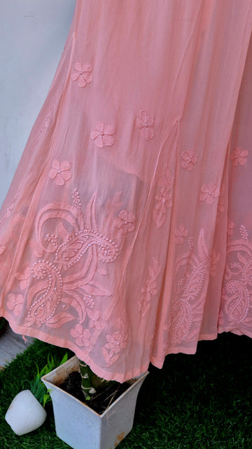 Peach Love premium georgette Chikankari Sharara set with intricate hand-embroidered Lucknow Chikankari kurta and matching sharara.