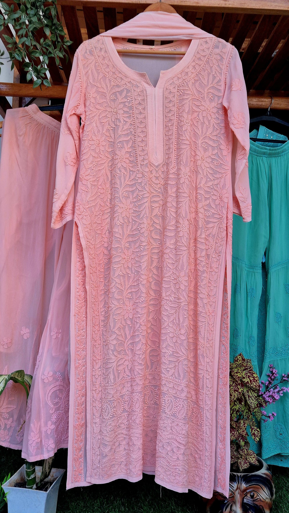 Peach Love Premium Georgette Chikankari Sharara Set by LVW Fashions featuring intricate Lucknow chikankari on a handmade kurta and matching sharara