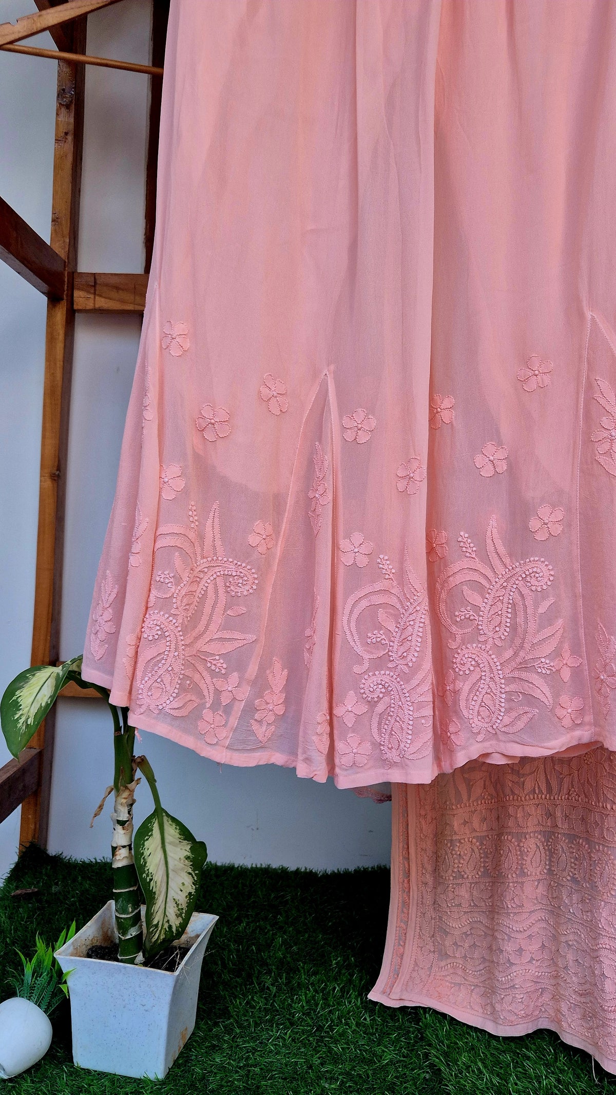 Peach Love Premium Georgette Chikankari Sharara Set by LVW Fashions featuring intricate handmade Lucknow Chikankari kurta and matching sharara.