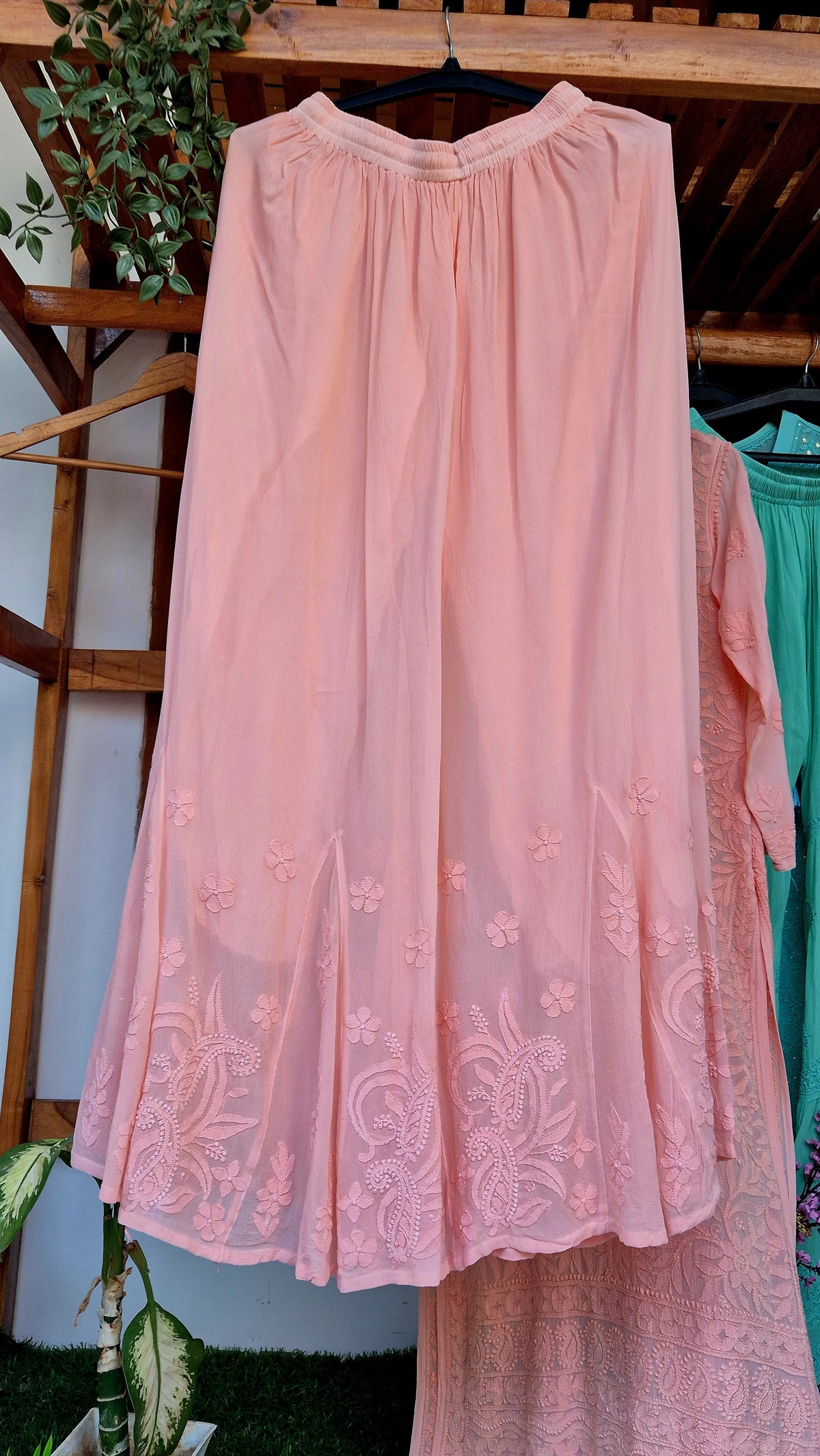 Peach Love Premium Georgette Chikankari Sharara Set by LVW Fashions, featuring handmade Lucknow Chikankari kurta and matching sharara.