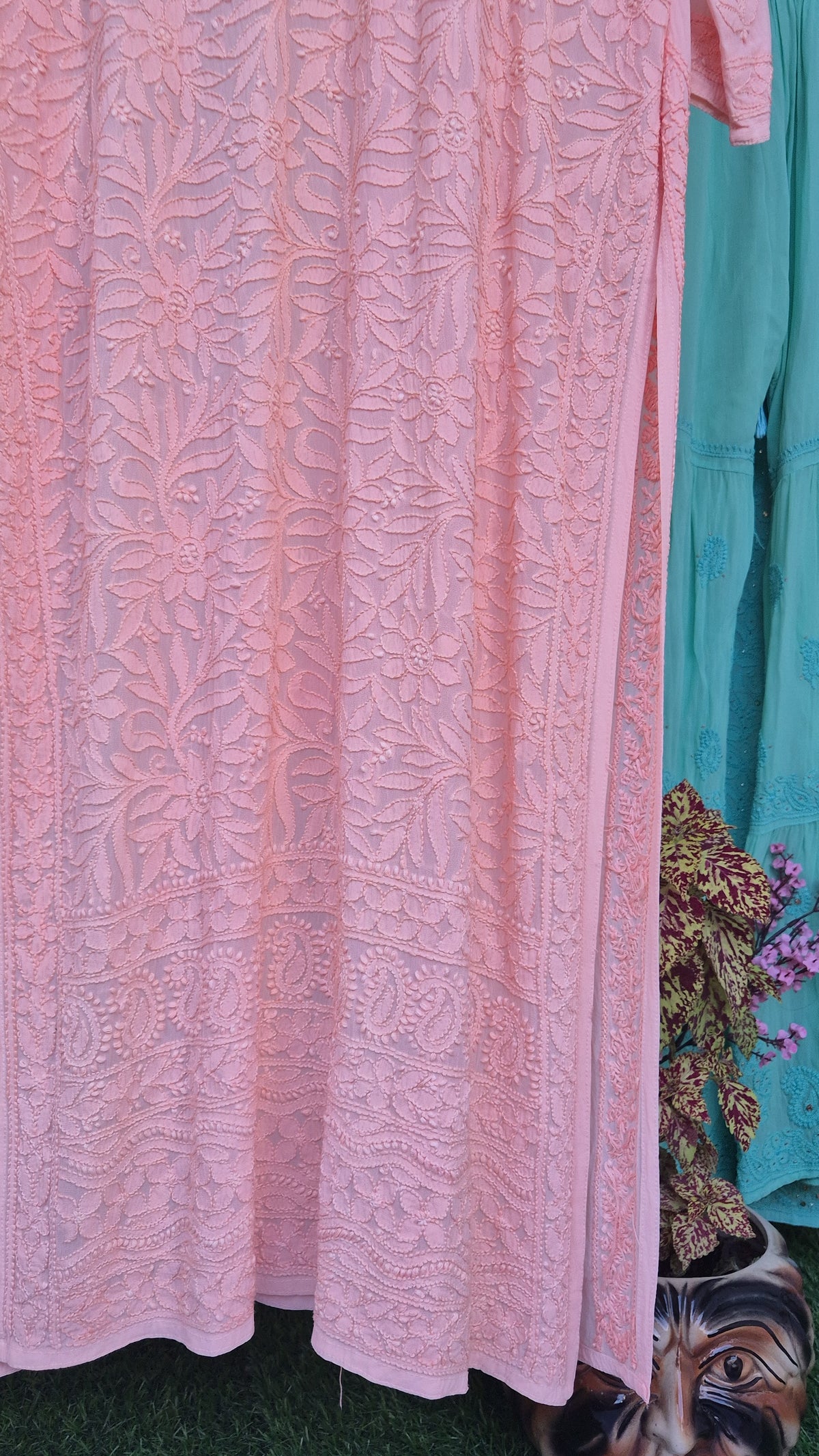 Peach Love Premium Georgette Chikankari Sharara Set by LVW Fashions with intricate handmade Lucknow chikankari kurta and matching sharara.