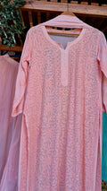 Peach Love premium georgette Chikankari Sharara set by LVW Fashions, handmade Lucknow Chikankari kurta with intricate embroidery.