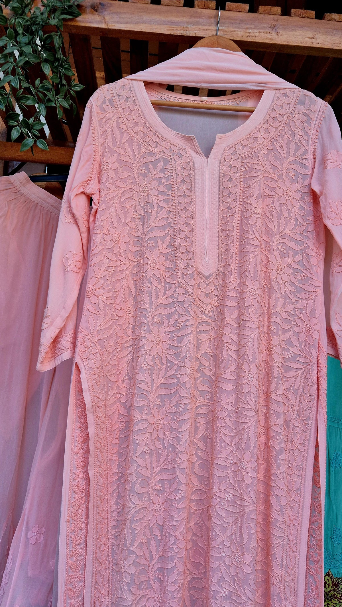 Peach Love premium georgette Chikankari Sharara set by LVW Fashions, handmade Lucknow Chikankari kurta with intricate embroidery.