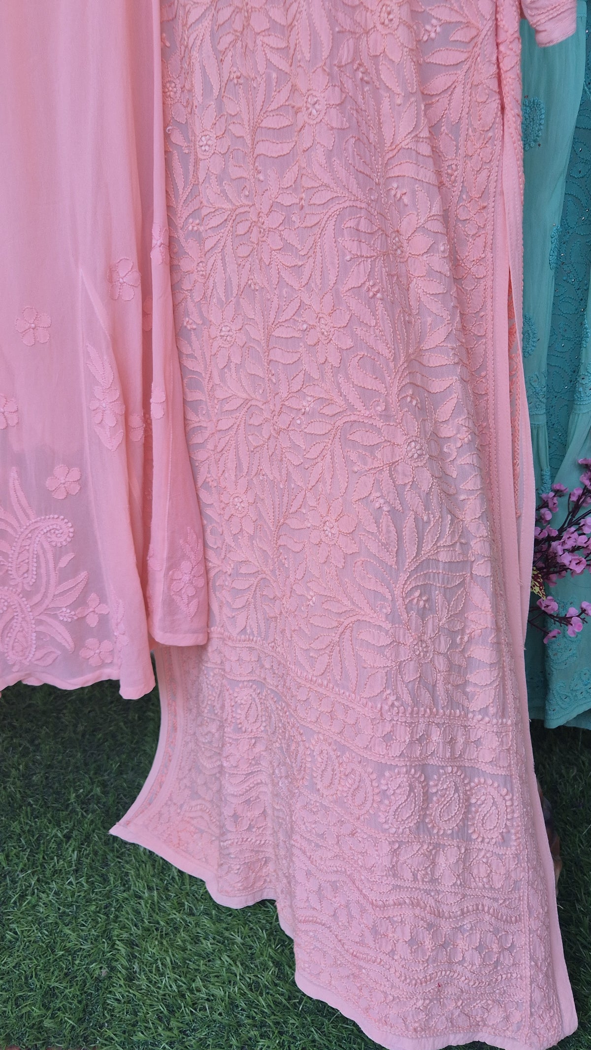 Peach Love premium georgette Chikankari sharara set with intricately embroidered kurta in traditional Lucknow Chikankari style.