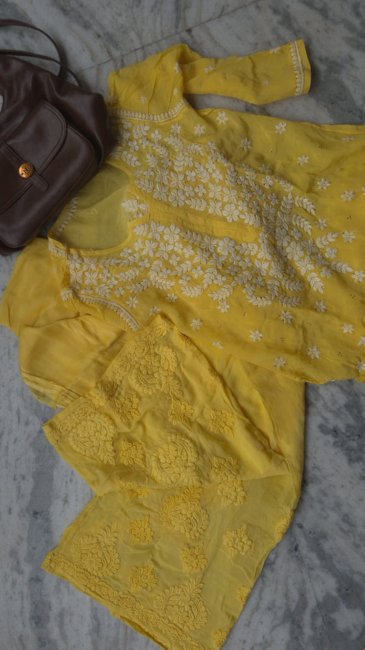 Handmade Lucknow Chikankari kurta set with unique plazzo design, premium georgette fabric, luxurious look, and Kamdani add-on.