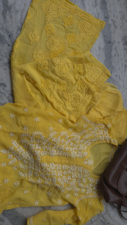 Premium georgette chikankari kurta set with plazzo design and kamdani add-on by LVW Fashions, featuring luxurious handmade Lucknow craftsmanship.