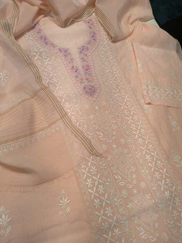 Noori Luxurious Parsi  Chikankari Mul Chanderi Unstitched Suit Kurta Dupatta