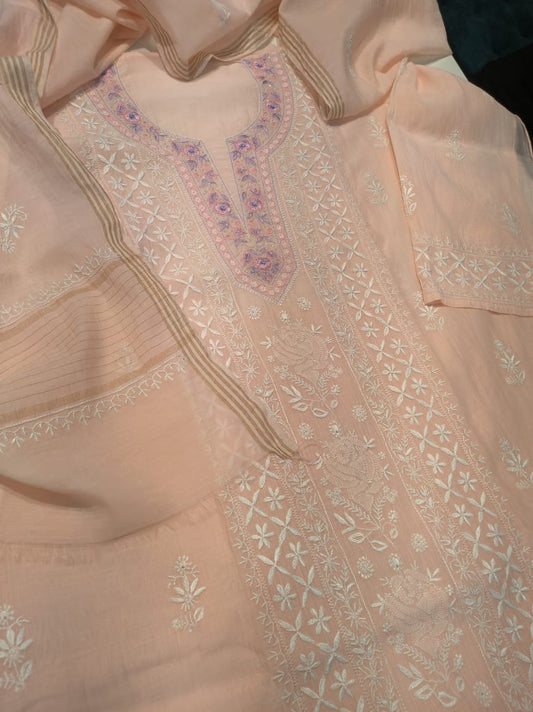 Noori luxurious Parsi Chikankari Kurta and Dupatta in peach Mul Chanderi fabric, handmade by LVW Fashions with intricate Lucknow Chikankari.