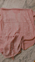 Handmade peach Lucknow Chikankari kurta set with luxurious mul Chanderi fabric, includes matching dupatta, by LVW Fashions.
