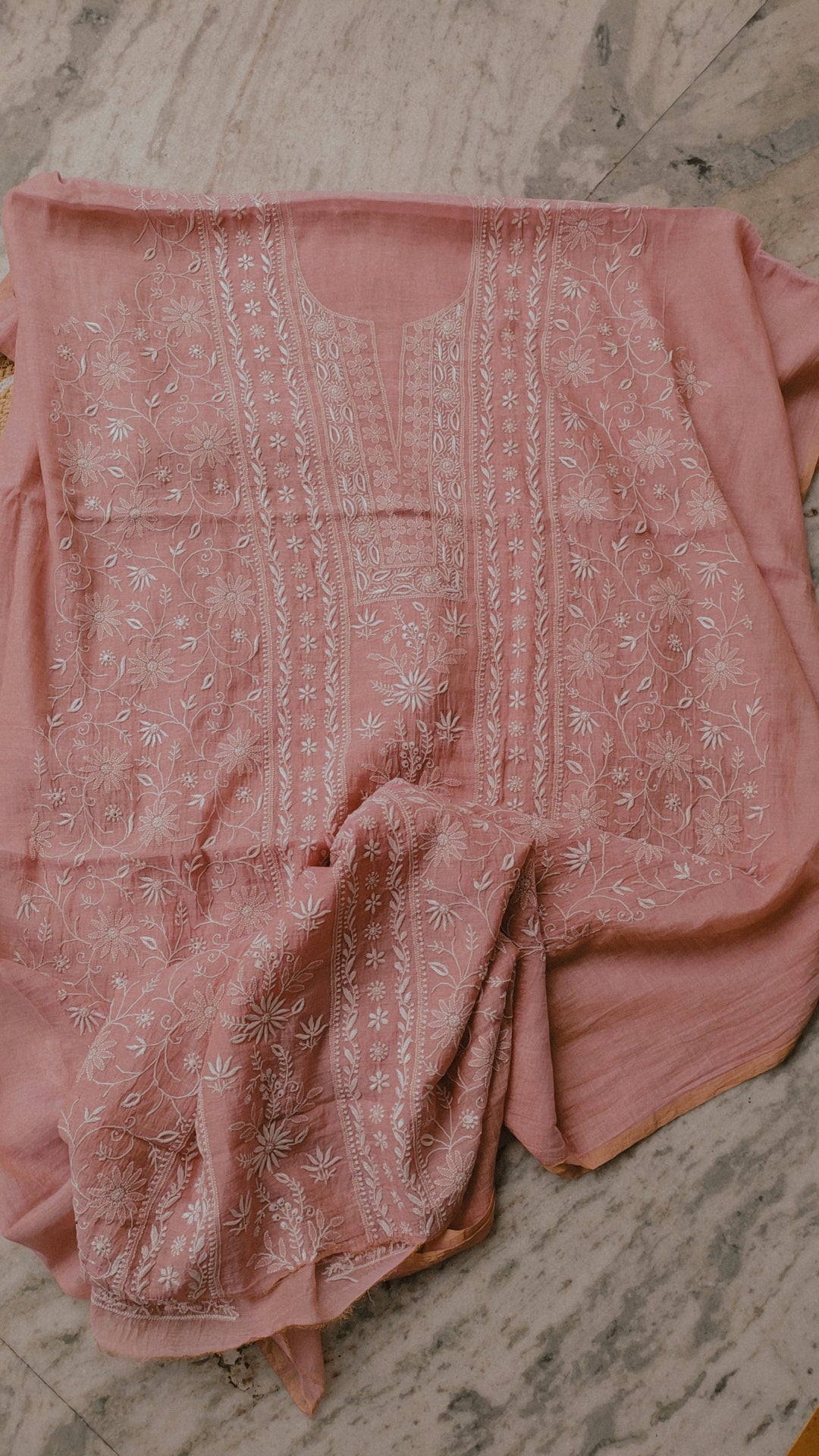 Handmade peach Lucknow Chikankari kurta set with luxurious mul Chanderi fabric, includes matching dupatta, by LVW Fashions.