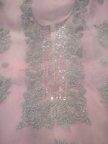 Pink Noori Lux Collection pure Chikankari and pearl work organza unstitched suit by LVW Fashions, showcasing intricate Lucknow embroidery.